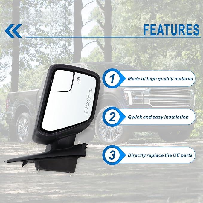 Right Passenger Side Door Mirror Compatible With 2021 2022 2023 2024 2025 2026 Ford F150 With Power Glass Manual Folding Heated Temperature Sensors Matte Black Replace#ML3Z17682UA(7 Pins)