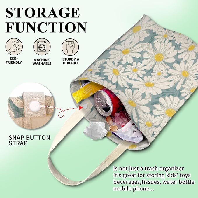 Car Trash Can, Cute Car Trash Bag, Hanging Car Organizer and Storage Bag, Trash Bin for Car Accessories, Vehicle, Travelling, Camping Cute Blue White Daisy