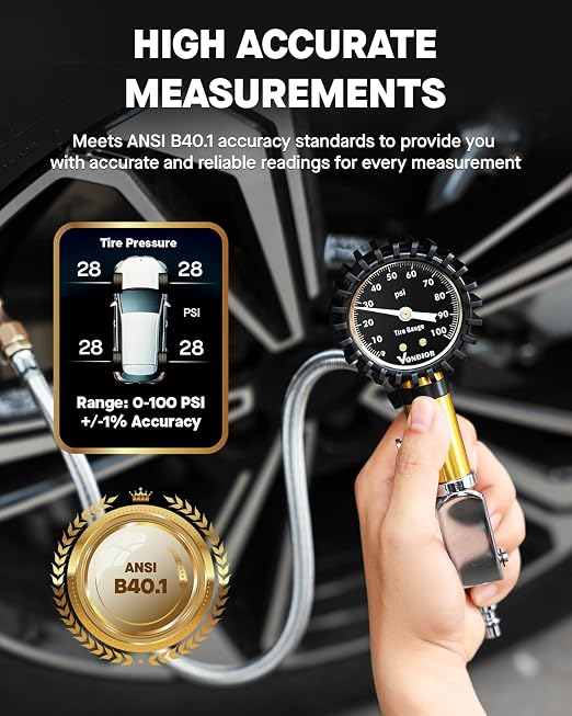 Tire Inflator with Pressure Gauge (0-100 PSI) with Large 2" Glow Dial- ANSI B40.1 Accurate, Premium Braided Hose, Durable Rubber Cover, Perfect for Car, Truck, Motorcycle, RV