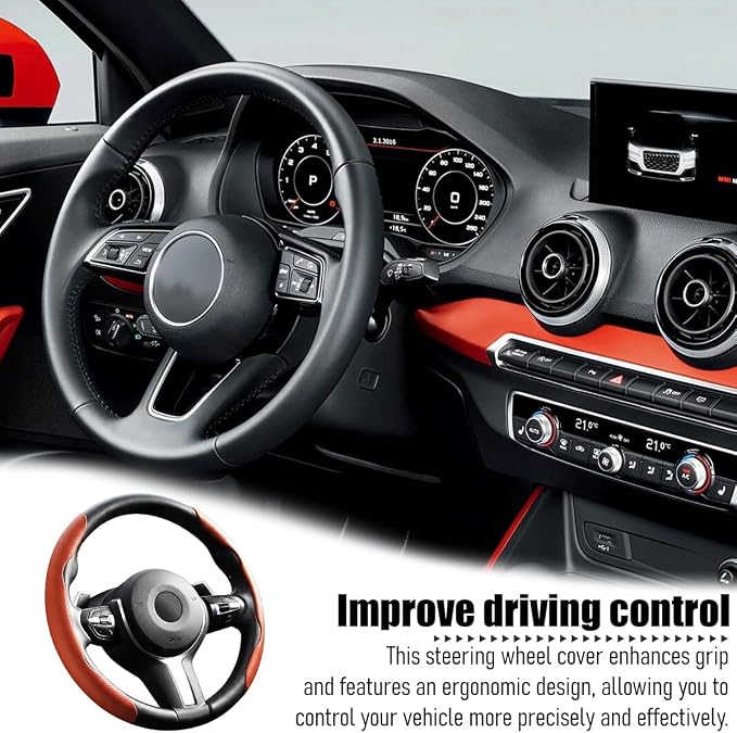 2PCS/Set Car Steering Wheel Cover, Leather Segmented Anti-Slip Automotive Wheel Protector, Soft Breathable Vehicle Steering Protection Covers, Universal Interior Accessories (Orange)