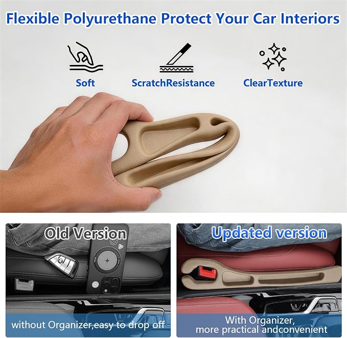 Car Seat Gap Filler Organizer 2Pcs,Car Accessories with Safety Hammer,2 in 1 No Drop Seat Guard with Storage Slot for Phone,Keys,Universal Interior Gap Filler for Cars SUV Truck,Beige