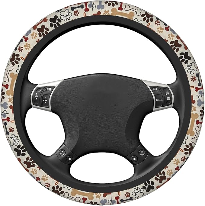Paw Prints Steering Wheel Cover for Women Men, 15 Inches Brown Dog Cat Paw Neoprene Anti-Slip Cute Universal Car Steering Wheel Grip Wrap Car Accessories Protective Case Cover for Vehicle Truck SUV