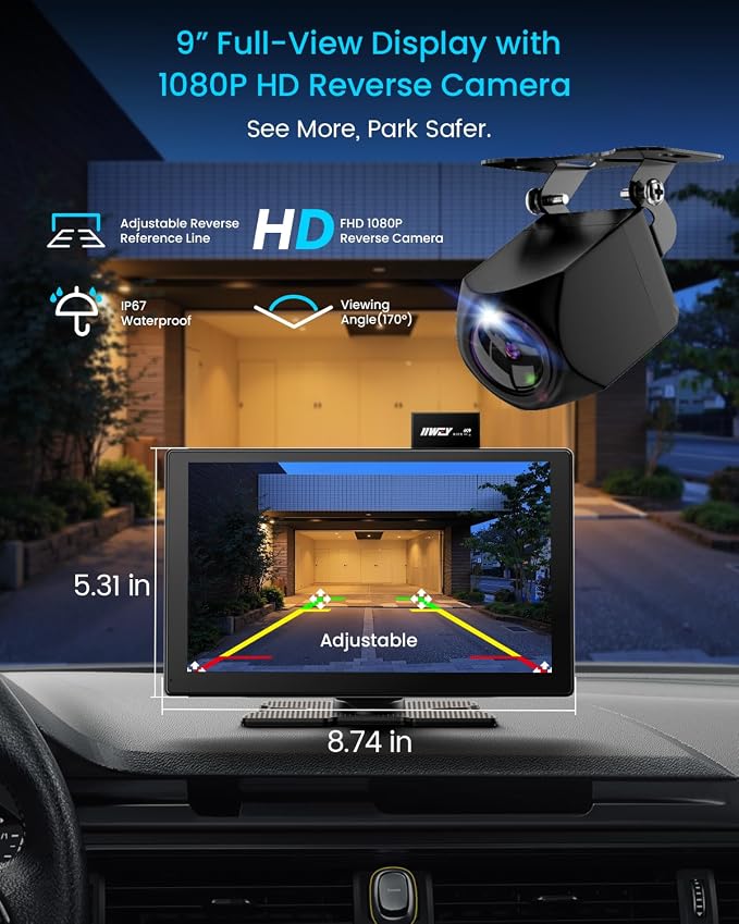 IK9 9" Wireless CarPlay & Android Auto Screen, Portable Car Stereo with 4K Dash Cam & 1080p Rear Camera, CarPlay with Backup Camera, Touch Screen GPS Display, Mirror Link, Apple Car Play Screen