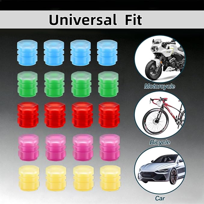 20 Pcs Glow in The Dark Tire Valve Caps Fluorescent Tire Valve Stem Caps, Cool Car Present for Universal Decoration Accessories for Car SUV Bicycle Motorcycles Trucks (Colorful)