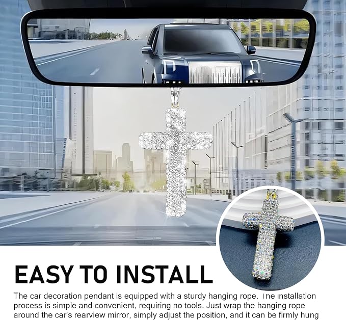 Cross for Car Mirror Hanging, Bling Crystal Rhinestone Cross Rear View Mirror Accessories, Shiny Cars Pendant Charm, Religious Rearview Mirrors Decoration, Auto Interior Accessories (Silver)