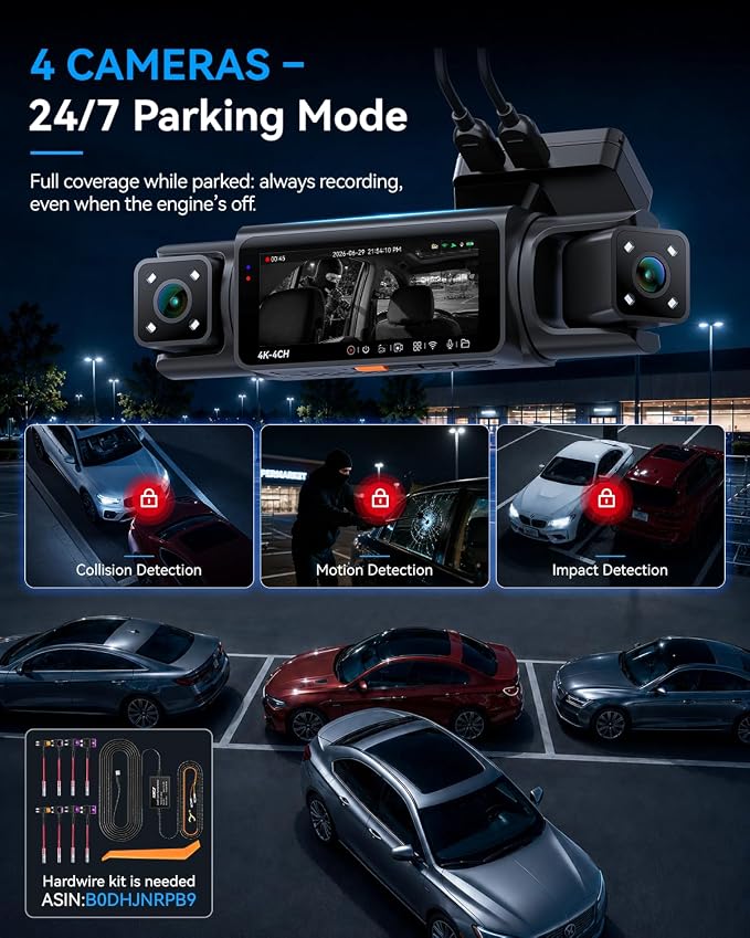 N7 PRO 4K STARVIS 4 Channel Dash Cam, 360° View Front Rear and Dual Inside Camera, WiFi 6 & GPS, 8-IR Night Vision, 2160P Dash Camera for Cars, 3.18" IPS, 24/7 Parking Mode, Free 64GB Card