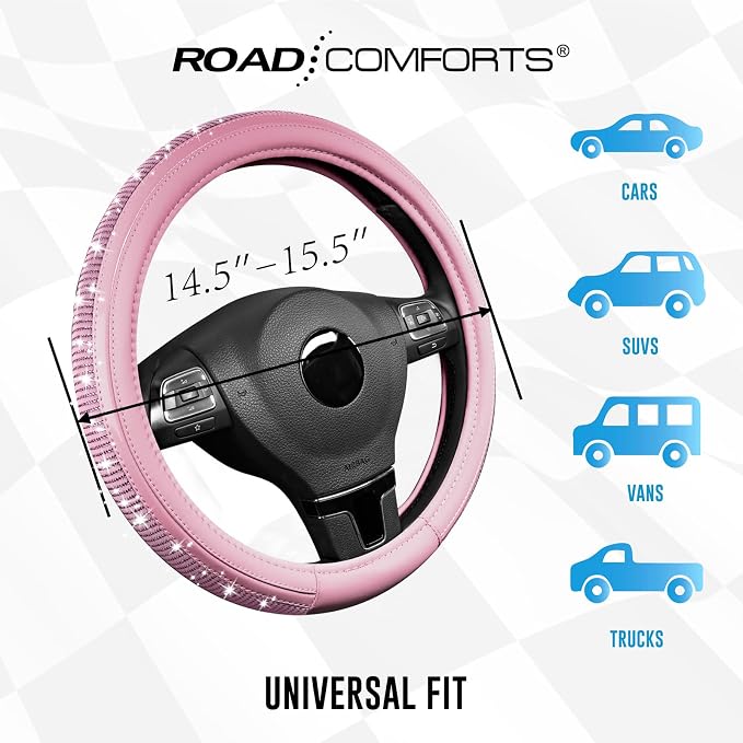 Bling Steering Wheel Cover – Pink Diamond Design, Universal Fit 14.5-15 Inch, Microfiber Leather, Anti-Slip & Breathable Design for Men and Women