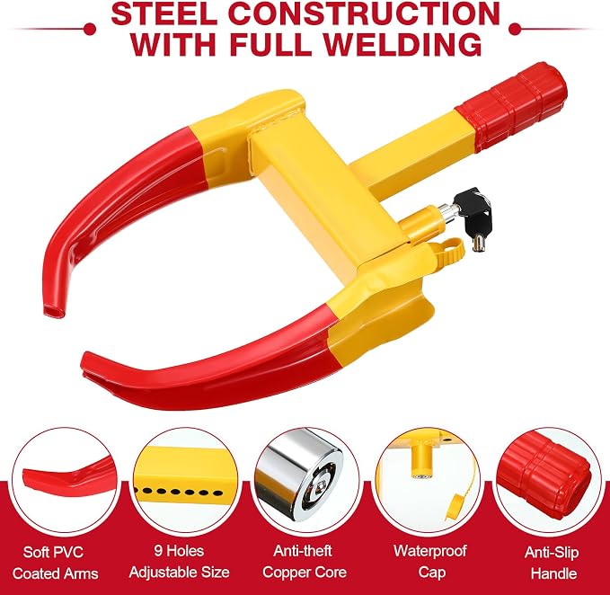 2 Pcs Wheel Lock for Cars, Heavy Duty Trailer Wheel Lock Universal Security Anti Theft Tire Clamp for Vehicles Boot Camper SUV ATV Boat Motorcycle Deterrent(Red)