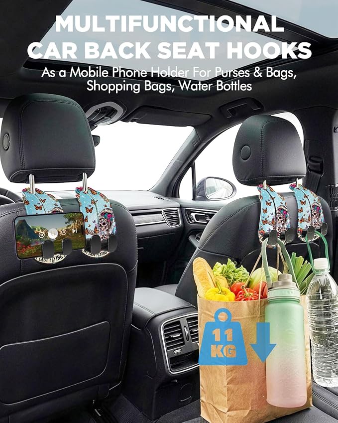 Purse Holder for Car, 2 Pack Heavy Duty Purse Hanger for Car, PU Leather Car Seat Hooks for Purses and Bags, Cute Skeleton Headrest Organizer for Handbags & Backpacks