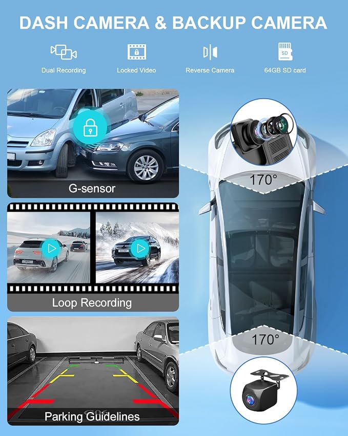 HK3 Carplay Screen for Car, 10.26’’ Wireless Apple Car Play & Android Auto Touchscreen, with 4K Dash Cam,1080P Backup Camera,64GB TF card, Car Stereo/GPS Navigation/Mirror Link/Bluetooth/Voice Control