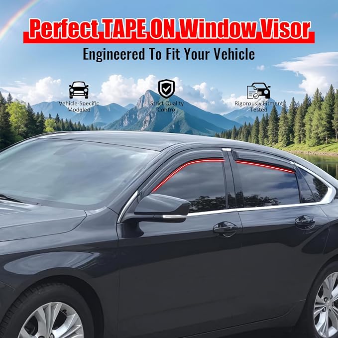 Fit 2014-2020 Chevy Impala Tape on Slim Style Acrylic Smoke Window Visors |, Dark Smoke, Scratch Proof, Waterproof, Custom Fit, Wind Sun Rain Vent Guards 4PCS, 2015 2016 2017 2018 2019
