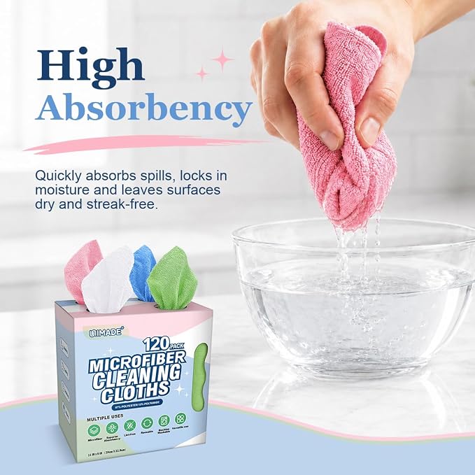 Microfiber Cleaning Cloth, 120 Pack Reusable Paper Towels Microfiber Towels for Cars Lint Free Shop Rags with for Home Kitchen Automotive, 11"x 9", White & Green & Blue & Pink