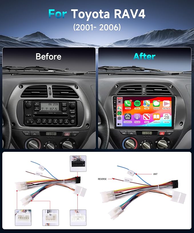 Android 15 Car Radio for Toyota RAV4 2001 2002 2003 2004 2005 2006 Car Stereo with Wireless CarPlay Android Auto 9'' 1080P HD Touch Screen 5G WiFi Bluetooth 26UIs FM/RDS GPS MirrorLink Backup Camera