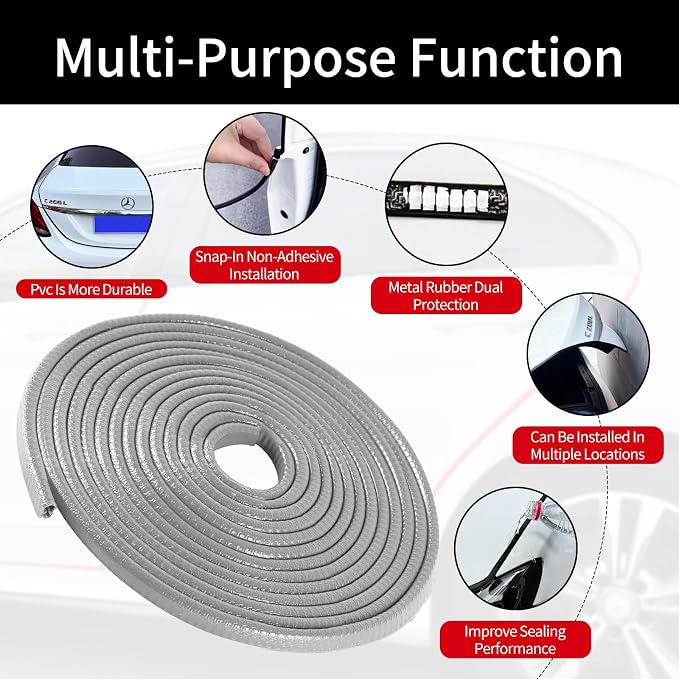 Car Door Edge Guards, 16Ft Rubber Seal Car Door Edge Trim, U Shape Door Edge Protector Guard, Aluminum Weather Proofing Automotive Door Edge Molding, Protection for Most Cars (Grey)