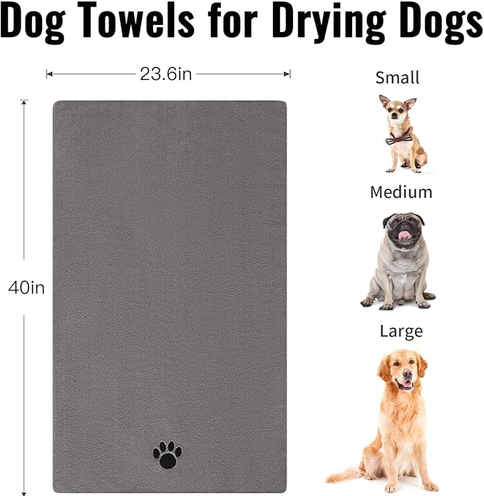 2 Pack Microfiber Dog Towels for Drying Dogs, Super Absorbent and Soft Pet Towels for Dogs or Cats, 40' X23.6'', Pet-Friendly, Perfect for Pets of Different Sizes and Fur Types, Grey