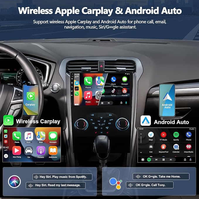 4G+64G Android 15 Car Radio for Ford Fusion 2013 2014 2015 2016, 9 Inch 1280 * 720 Touch Screen Car Stereo with Wireless CarPlay Android Auto Bluetooth 5.0 32EQ FM GPS Navigation Backup Camera