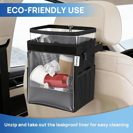 Car Trash Can with Clear Window, Multipurpose Car Organizer Storage for Baby Travel Essentials, Leakproof Car Garbage Bin with Removable Liner for Backseat Console (2.1Gallon/8L)