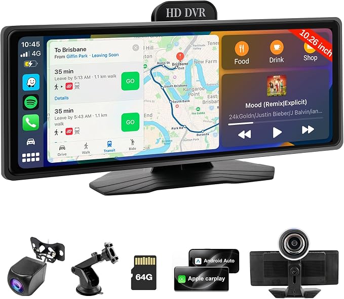 Wireless Carplay Screen for Car, 10.26" Portable Car Radio with Apple CarPlay & Android Auto, Backup Camera/Mirror Link/GPS/BT/Voice Control/AUX/FM Satellite Radio for All Vehicles