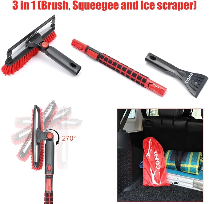 Car Snow Brush with Ice Scraper and Squeegee 3 in 1, 39" Extendable Cleaning Kit Long Handle, Windshield Snow Removal Tool Scratch Free for SUV Truck RV Window Roof Exterior Wash Supplies, Red