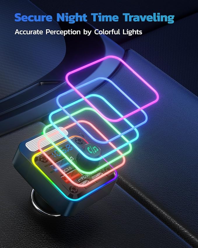 54W Bluetooth 5.3 Car Adapter with 4 Charging Ports [PD 36W & QC3.0 18W], Wireless Radio FM Transmitter with Deep Bass Player & 5 Colors LED Backlit, Hands-Free Calling - Blue