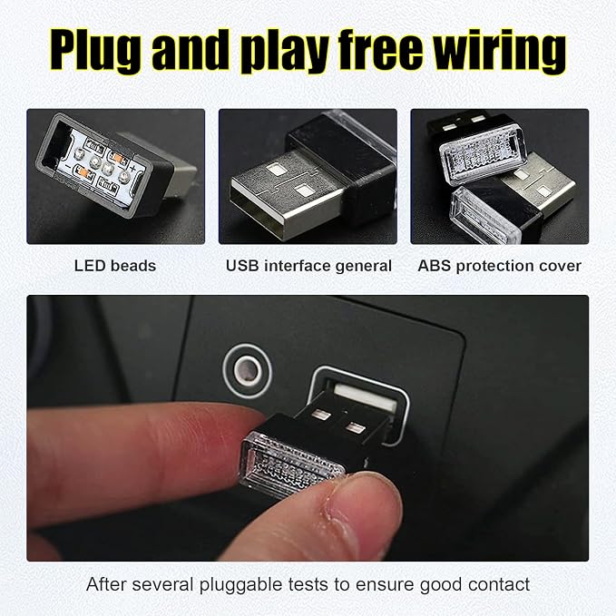 4 PCS USB LED Car Interior Atmosphere Lamp, Portable Mini LED Night Light, Plug-in USB Interface Trunk Ambient Lighting Kit, Universal Car Interior Accessories (White, Ice Blue)