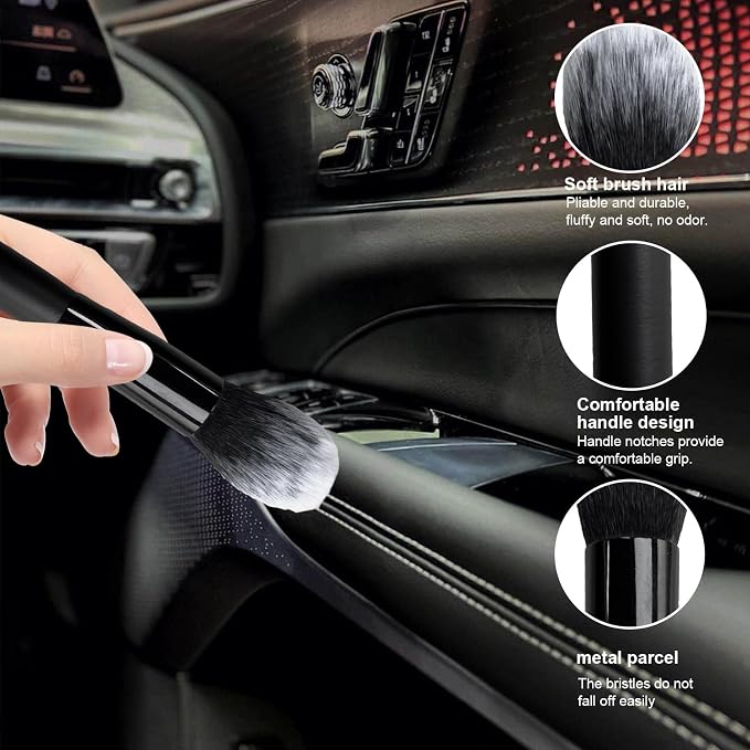 Car Detailing Brush, Curved Soft Bristles Auto Removal Dust Collectors, Universal Vehicle Dashboard, Air Conditioner Vents etc Interior Cleaning Tool Accessory (Long-Black/White)