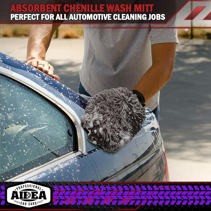 AIDEA Car Wash Mitt Microfiber, 2PK, Car Wash Brush, Grey, 7.12' X10.14'' | Scratch Free Lint Free Premium Chenille Microfiber Mitt, Cleaning Supplies, Regular Size