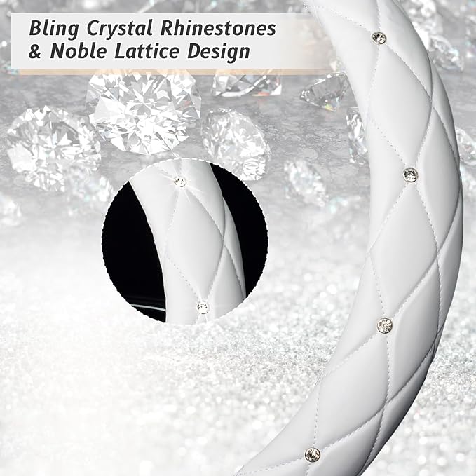 Diamond Soft Leather Steering Wheel Cover with Bling Bling Crystal Rhinestones, Universal 15 inch, Pure White