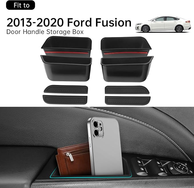4PCS Door Side Storage Box for Ford Fusion 2013 2014 2015 2016 2017 2018 2019 2020 Front and Rear Accessories Phone Holder Door Grab Handle Pocket Storage Organizer ABS Plastic, Black Mat