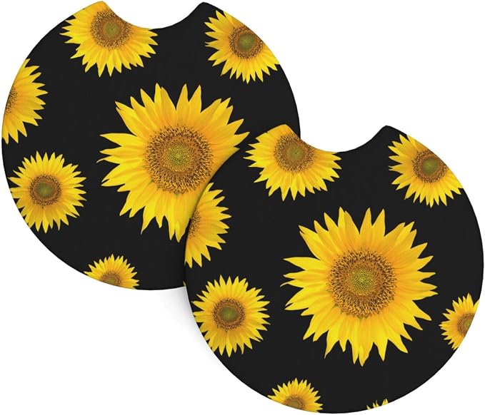 Sunflower Car Steering Wheel Cover - Sunflower Steering Wheel Cover Anti-Slip Breathable 15 Inch Universal 2 Pcs Car Interior Cup Holder Pad for Men Women