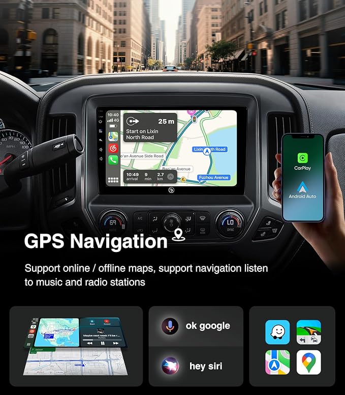 10.2'' Car Stereo for GMC Sierra Chevy Silverado 2014-2018 Without Bose | HD Touchscreen Carplay/Android Auto/GPS/Bluetooth/AM/FM Radio/HD Backup Cam/SWC