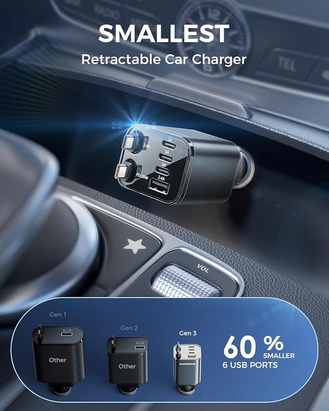 6 in 1 Retractable Car Charger with Dual Type C Cables, 99W Ultra-Compact USB C Car Accessories Adapter with 4 USB Ports, Fast Charging Car Charger for iPhone 17/16/15/14/13/12, Galaxy, iPad