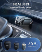 6 in 1 Retractable Car Charger with Dual Type C Cables, 99W Ultra-Compact USB C Car Accessories Adapter with 4 USB Ports, Fast Charging Car Charger for iPhone 17/16/15/14/13/12, Galaxy, iPad