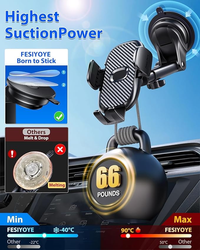 Car Phone Holder[Military-Grade 360°Suction Cup] Phone Holders for Your Car Universal Accessories Air Vent Dashboard Windshield Phone Mount Automotive Cradles Fit Shower & Wall Mounts iPhone