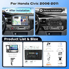 8Core 4G 64G for Honda Civic 2006 2007 2008 2009 2010 2011 Car Stereo Qual-comm Snapdragon chip, Wireless CarPlay Android Auto, 5GHz WiFi GPS, 3 Plit Screen, 3D car Model, + AHD Backup Camera