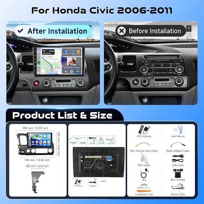 8Core 4G 64G for Honda Civic 2006 2007 2008 2009 2010 2011 Car Stereo Qual-comm Snapdragon chip, Wireless CarPlay Android Auto, 5GHz WiFi GPS, 3 Plit Screen, 3D car Model, + AHD Backup Camera