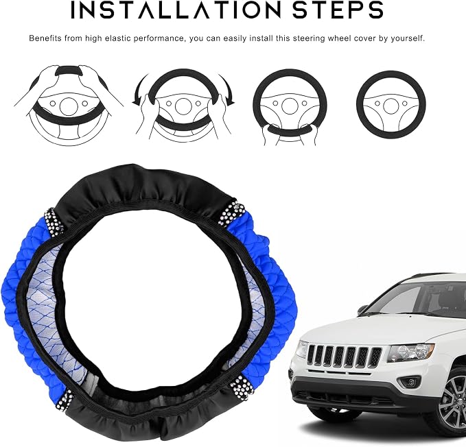Bling Car Steering Wheel Cover, 15 Inch Sparkly Rhinestone Soft Leather Steering Wheel Protector, Non-Slip Universal Auto Elastic Steering Wheel Covers for Women Girls (Blue)