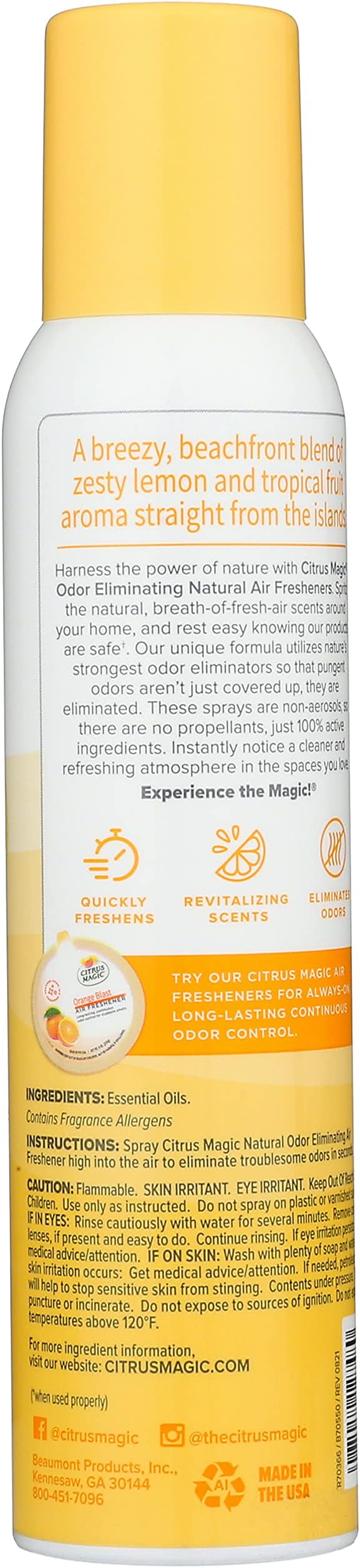 Odor Eliminating Air Freshener Spray, Tropical Lemon, 3-Ounce, Pack of 3
