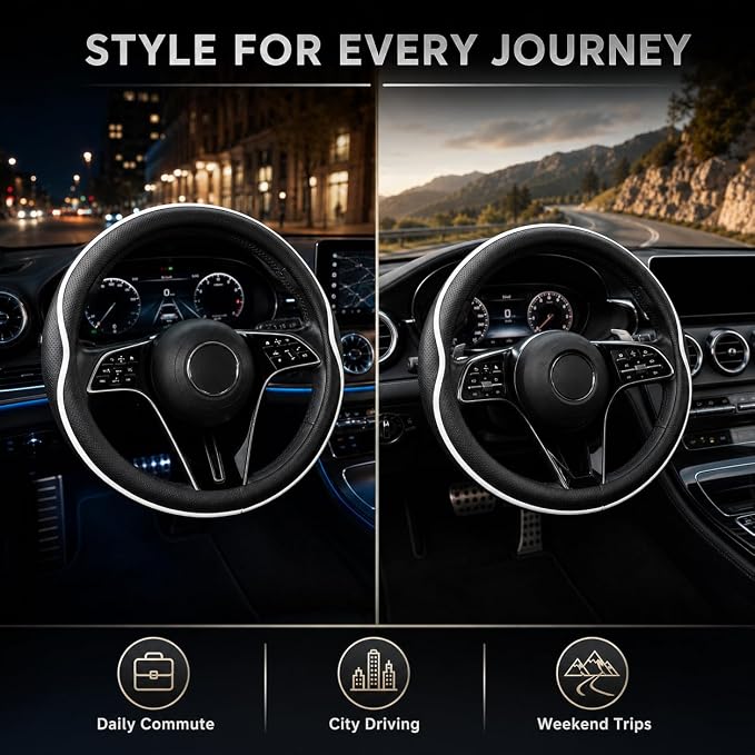 Car Steering Wheel Cover Full Surround - Soft Breathable Anti-Slip Heavyweight Safety Cover, Thick Cushioned Sports Style Universal Fit for Auto Truck SUV (Black/White)