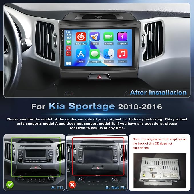 [4G+64G] Android Car Radio for Kia Sportage 2010-2016 with Wireless Carplay Android Auto, 9 Inch HD Touchscreen Car Stereo with WiFi GPS Bluetooth5.0 FM/RDS 32EQ SWC Backup Camera MIC