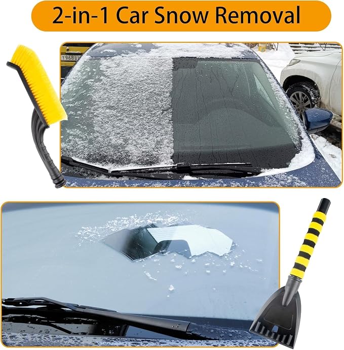 27” Snow Brush & Detachable Ice Scraper 2-in-1, Scratch-Free Split Bristles, Extendable 27-39” EVA Foam Grip, PVC Squeegee Snow Shovel with Guide Channel for Car Windshield/Truck/SUV