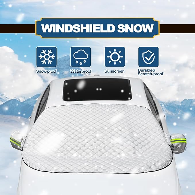 Car Windshield Snow Cover with Side Mirror and Hook, Winter Windshield Sun Shade Foldable, Magnetic Windshield Cover for Ice and Snow, Fit for Car/SUV, Pickup truck, 62"x50" Silver