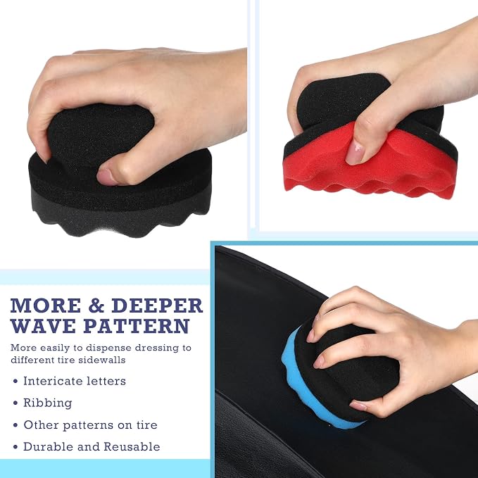 6 Pcs Tire Hex Grip Dressing Applicator Washable Tire Shine Applicator Dressing Pad Car Detailing Foam Sponge Reusable Tire Cleaner Sponge for No Slip Tire (Black, Red, Blue, 4.33 Inch Diameter)