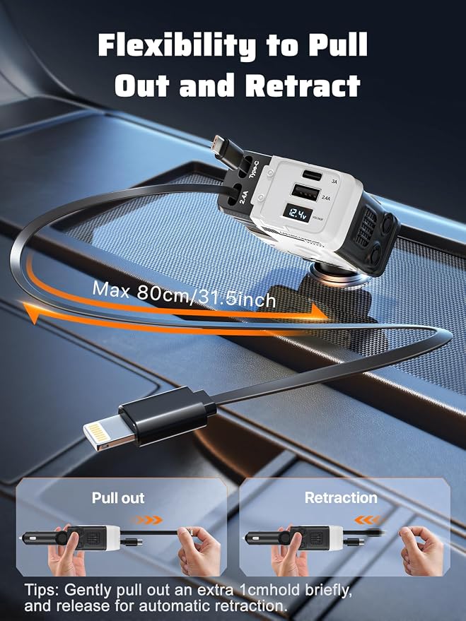 Retractable Car Charger with Retractable Cables (31.5 inch), 4 in 1 Super Fast Car Phone Charger, 2 USB Ports Car Charger Adapter, Compatible with iPhone 15 14 13 12 11 Pro Max, iPad, Pixel