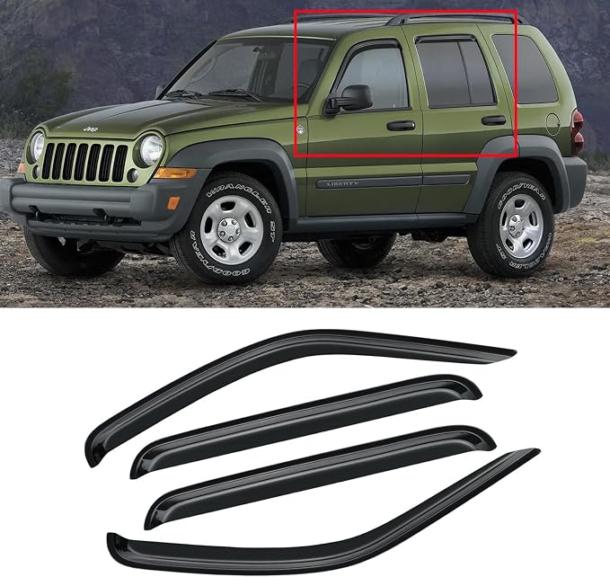 Window Visor for 2002-2007 Jeep Liberty (KJ), Out-Channel Rain Guards Shields Vent Deflector Shade Wind Dark Smoke 2003 2004 2005 2006 02 03 04 05 06 07, Outside-Mount, 4PCS