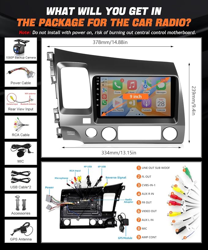 8Core Android Car Stereo for Honda Civic 2006 to 2011 Wireless Apple CarPlay Android Auto, Radio for Honda Civic Car Play, 5G WiFi GPS Navi FM RDS EQ DSP Audio Receiver SWC AHD Camera, 2G+32G