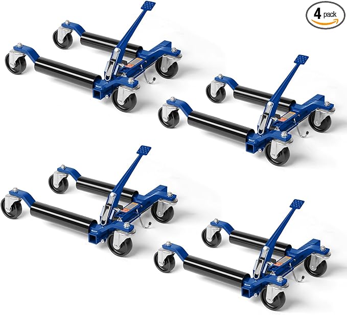 Car Wheel Dolly Jack Set of 4, Mechanical 6000-lbs Car Skates, 12'' Wheel Vehicle Positioning Jack, Heavy Duty Rollers with Ratcheting Foot Pedal for Tire Auto Repair Moving, Blue