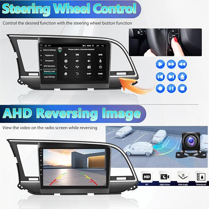 [2+64G] Android 15 Car Radio Stereo for Hyundai Elantra 2016-2018, 9 Inch Touch Screen IPS Car Radio with Wireless Carplay&Android Auto,GPS,WiFi,Bluetooth,FM/RDS,SWC, AUX-in,EQ,WiFi+Free Backup Camera