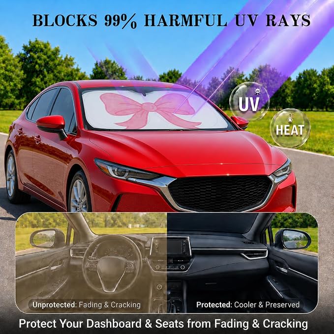 Car Windshield Sun Shade, Universal Fit Compact Sedan SUV, Watercolor Bow | 59 x 27.5" Car Sun Visor, Foldable Front Window Sunshade, UV Heat Protection, Girly Bow Series