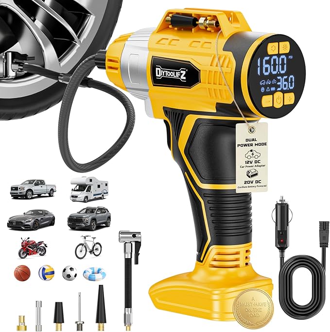 160PSI Cordless Tire Inflator Compatible with Dewalt 20V Battery, DC 12V Portable Air Compressor with Digital Pressure Gauge, 2X Faster Air Pump for Car, SUVs, Motor, Bike, Ball (Tool Only)